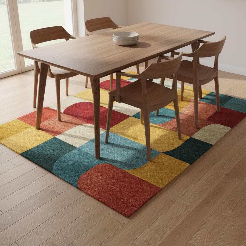 Colorful Geometric Area Rug – Red, Yellow, Blue & Cream Retro Modern Block Pattern Carpet Teppich