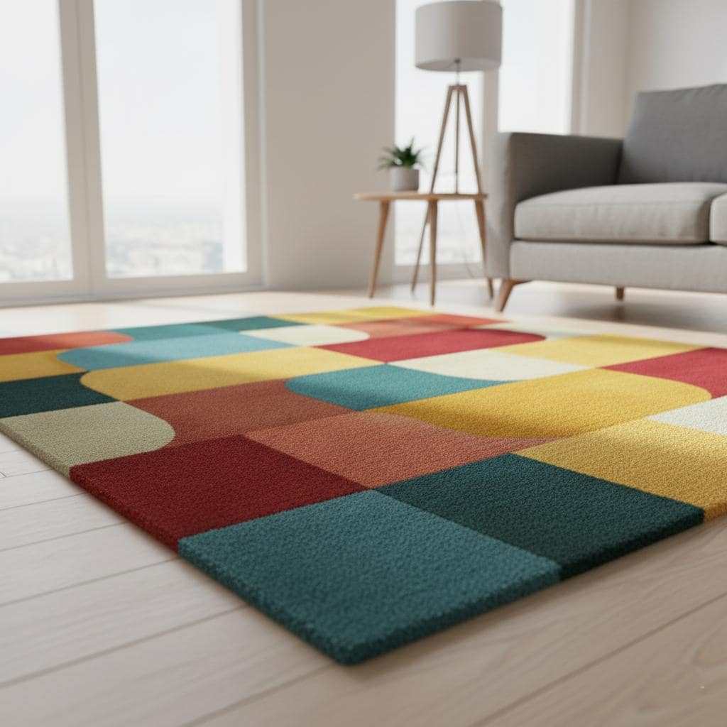 Colorful Geometric Area Rug – Red, Yellow, Blue & Cream Retro Modern Block Pattern Carpet Teppich