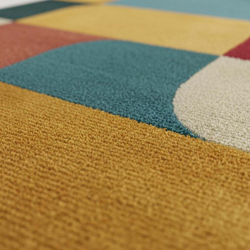 Colorful Geometric Area Rug – Red, Yellow, Blue & Cream Retro Modern Block Pattern Carpet Teppich