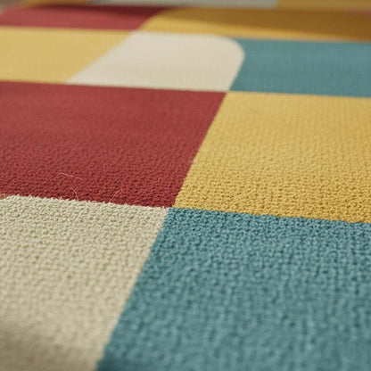 Colorful Geometric Area Rug – Red, Yellow, Blue & Cream Retro Modern Block Pattern Carpet Teppich