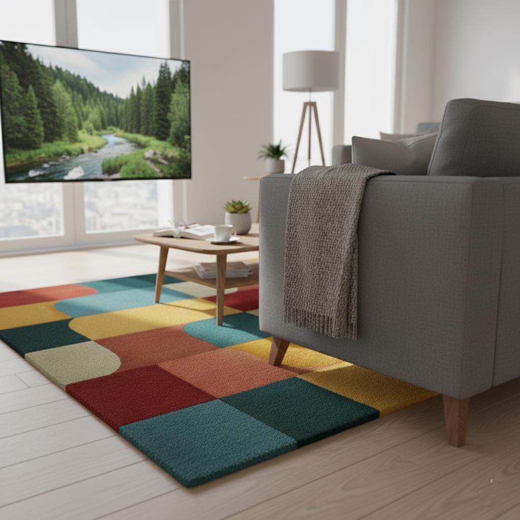 Colorful Geometric Area Rug – Red, Yellow, Blue & Cream Retro Modern Block Pattern Carpet Teppich