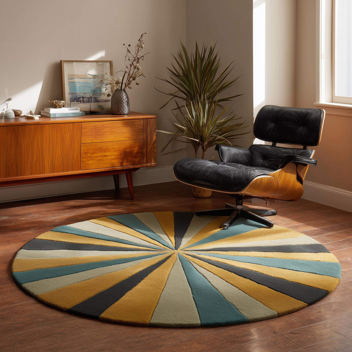 Hand tufted round geometric rug with starburst pattern in mustard, teal, and charcoal tones crafted from premium New Zealand wool