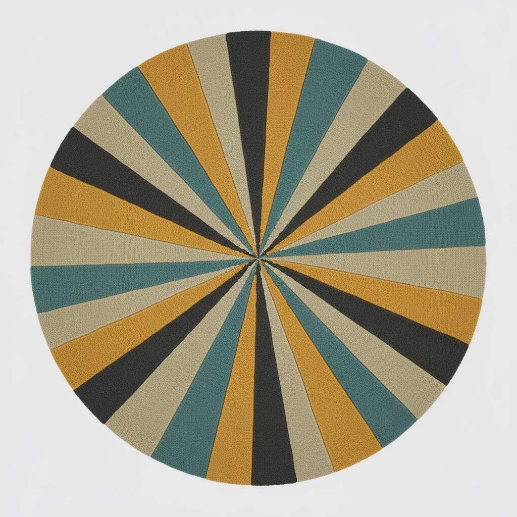 Round geometric rug with hand tufted starburst pattern in mustard and teal wool
