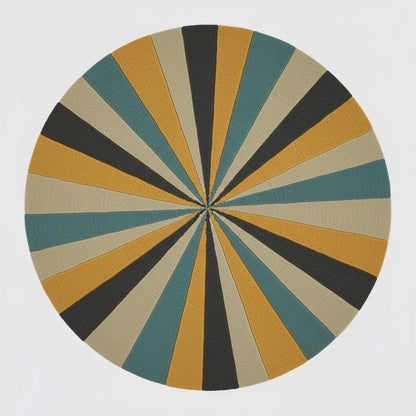 Round geometric rug with hand tufted starburst pattern in mustard and teal wool