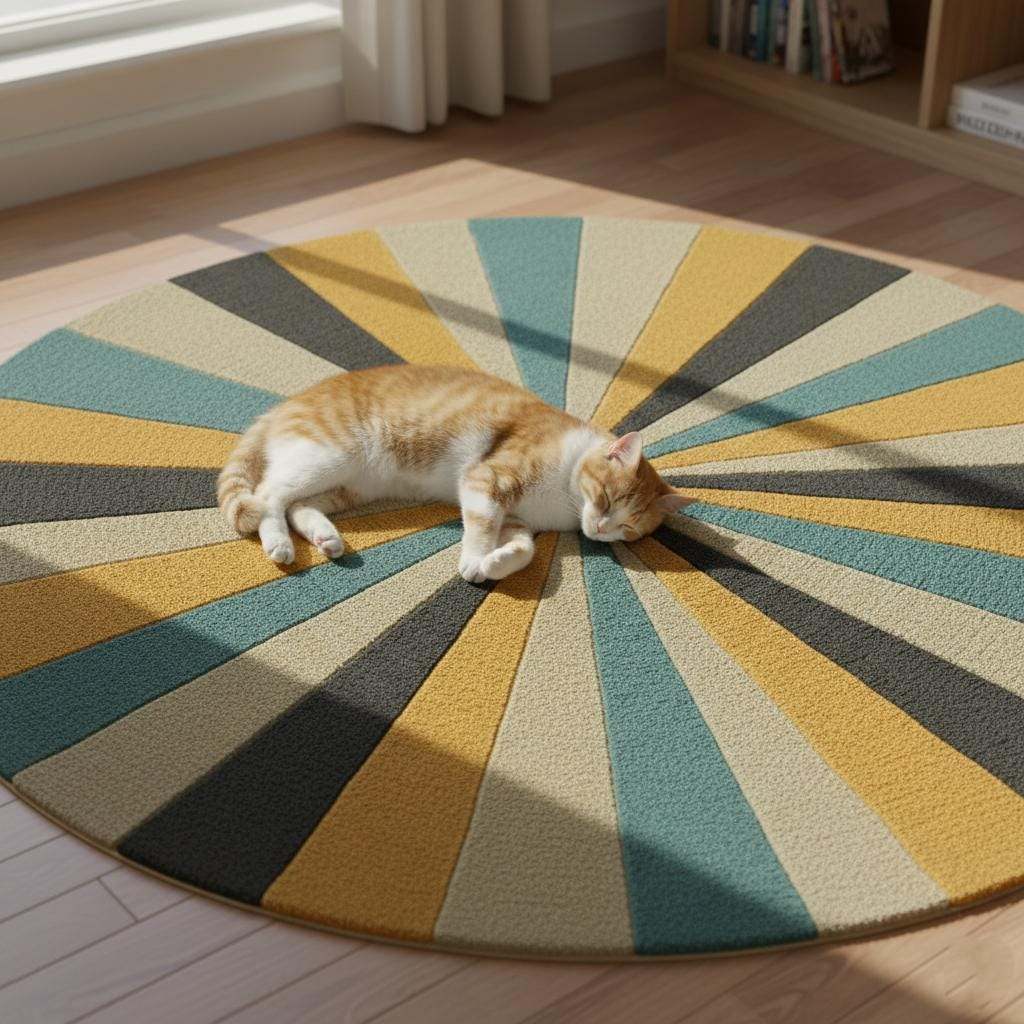 Hand tufted round geometric rug with starburst pattern in mustard yellow and teal, made from plush New Zealand wool