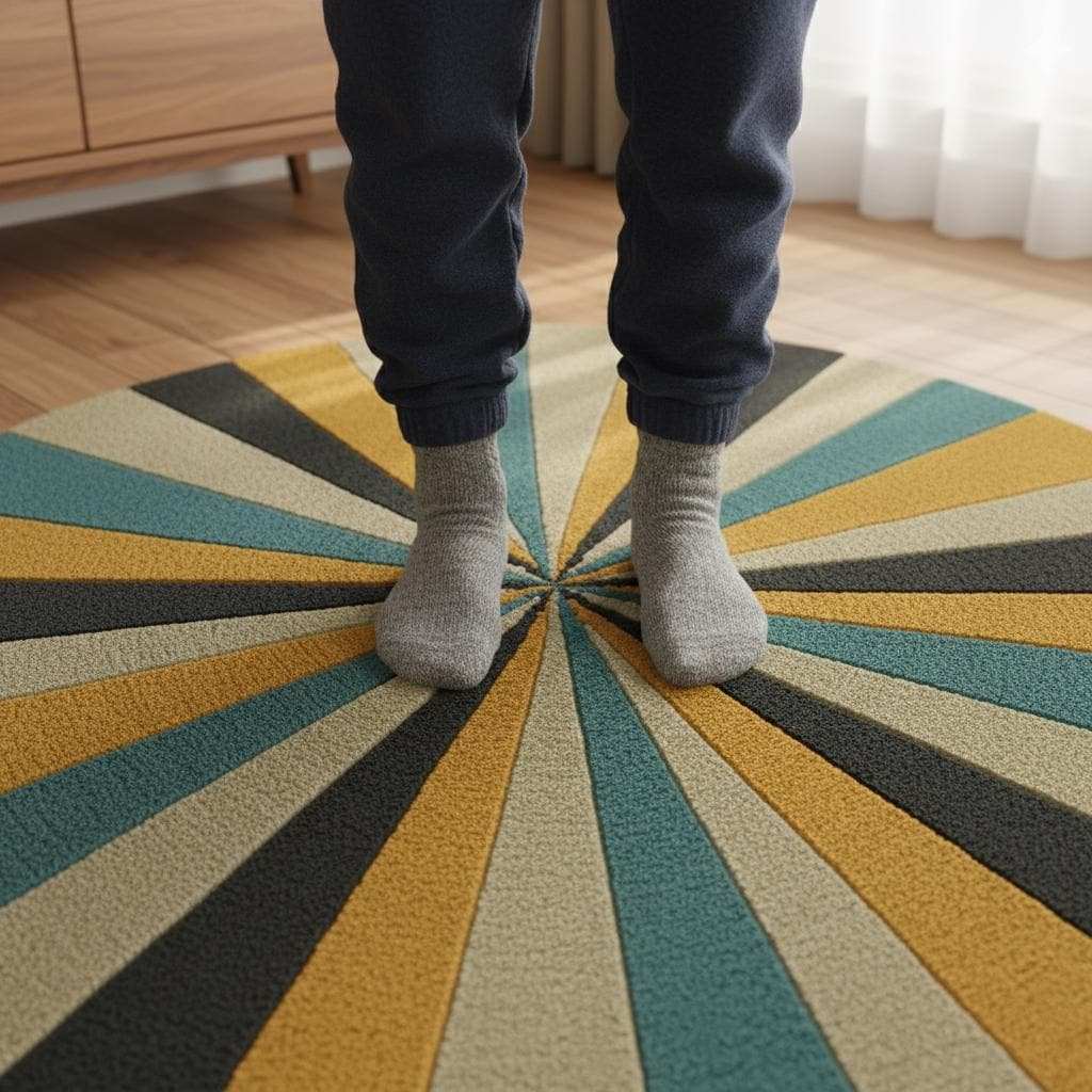 Round geometric rug with hand tufted starburst pattern in mustard, teal, charcoal, and beige on plush New Zealand wool