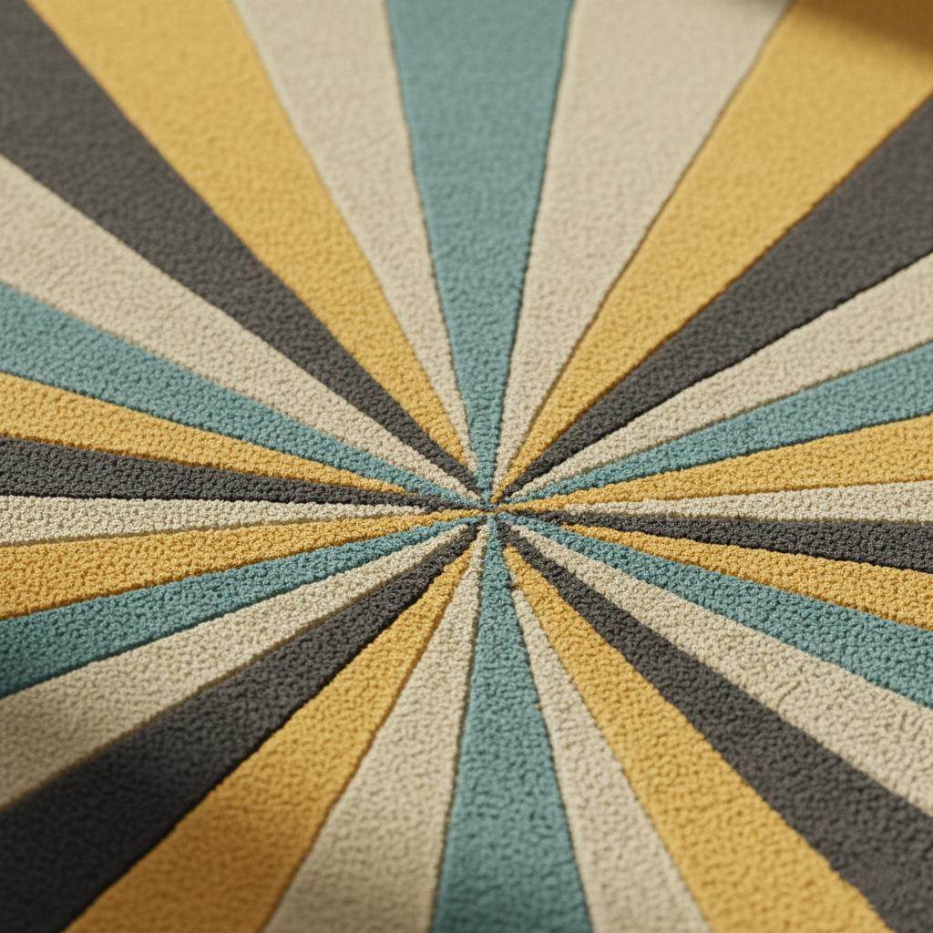 Hand tufted round geometric rug with starburst pattern in mustard, teal, and gray tones made of plush New Zealand wool