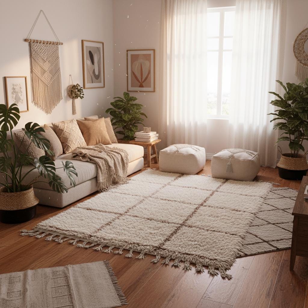 Cream Moroccan shag rug with handwoven Berber grid pattern and plush high pile fibers
