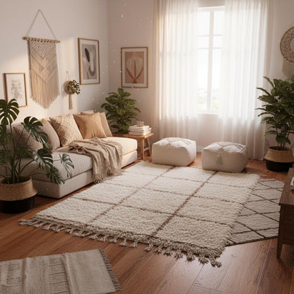 Cream Moroccan shag rug with handwoven Berber grid pattern and plush high pile fibers