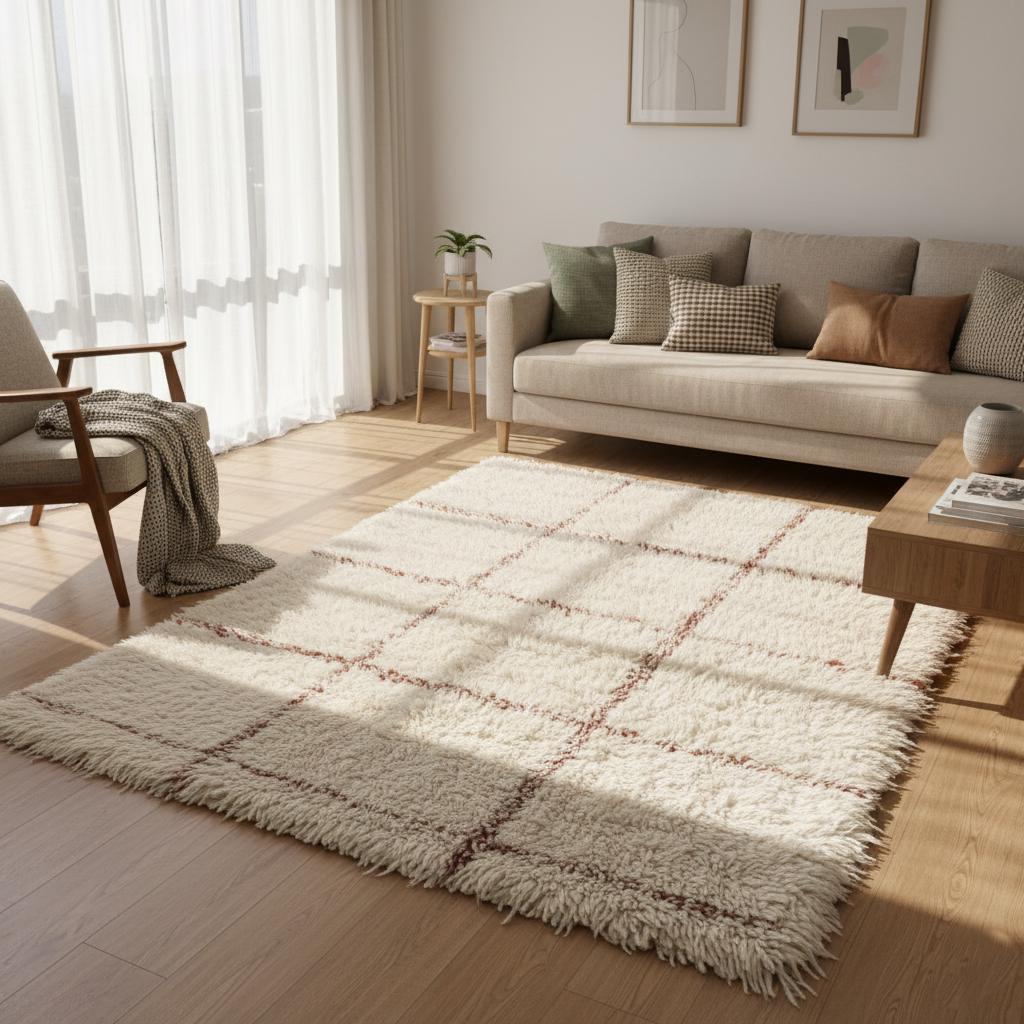 Cream Moroccan shag rug with handwoven Berber grid pattern in cozy living room decor