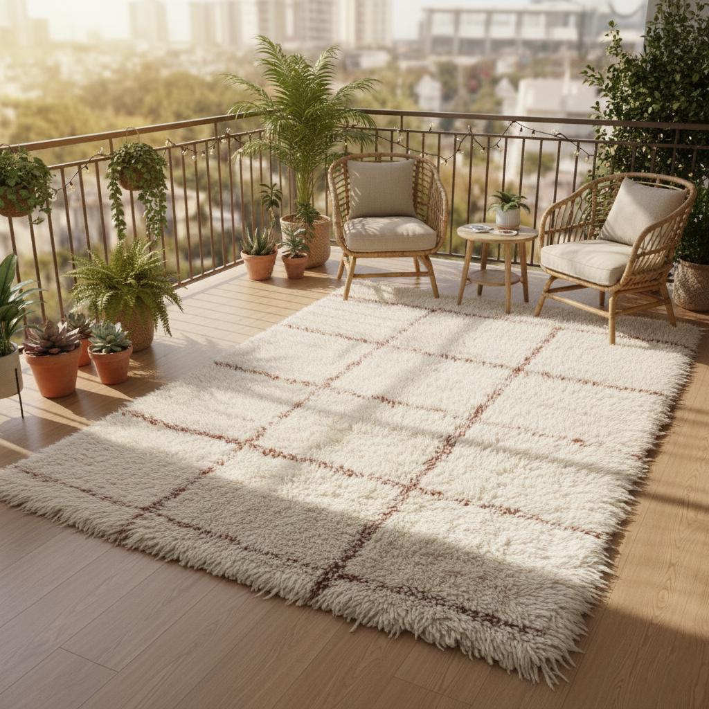 Cream Moroccan shag rug with handwoven Berber grid pattern and plush high pile fibers
