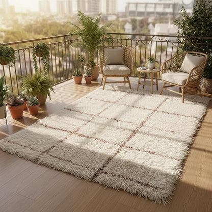 Cream Moroccan shag rug with handwoven Berber grid pattern and plush high pile fibers