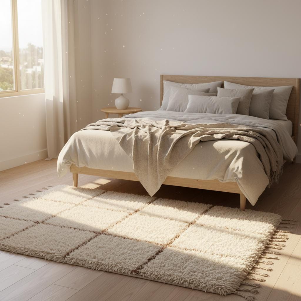 Cream Moroccan shag rug with handwoven Berber wool and plush high pile in a neutral boho home decor style