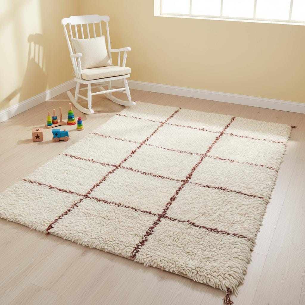 Cream Moroccan shag rug with handwoven Berber grid pattern and plush high-pile wool fibers for boho home decor
