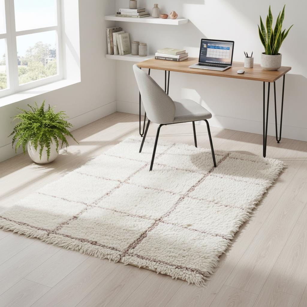 Cream Moroccan shag rug with handwoven Berber wool and plush high pile, perfect for boho and modern home decor