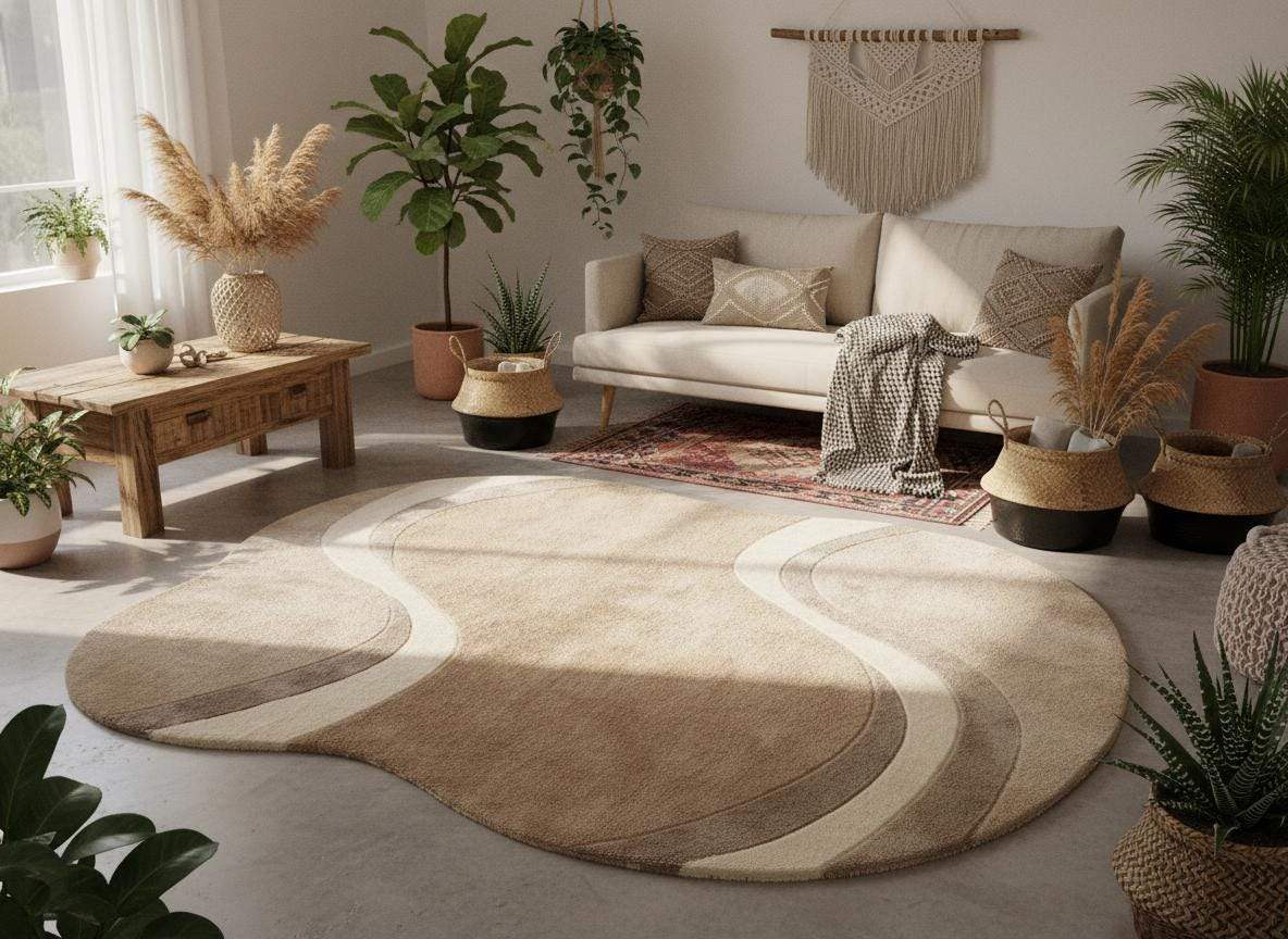 Modern curved rug living room with soft wavy pattern in beige, cream, and taupe organic shape