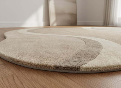 Modern curved rug living room with soft wavy pattern in neutral beige tones and organic shape