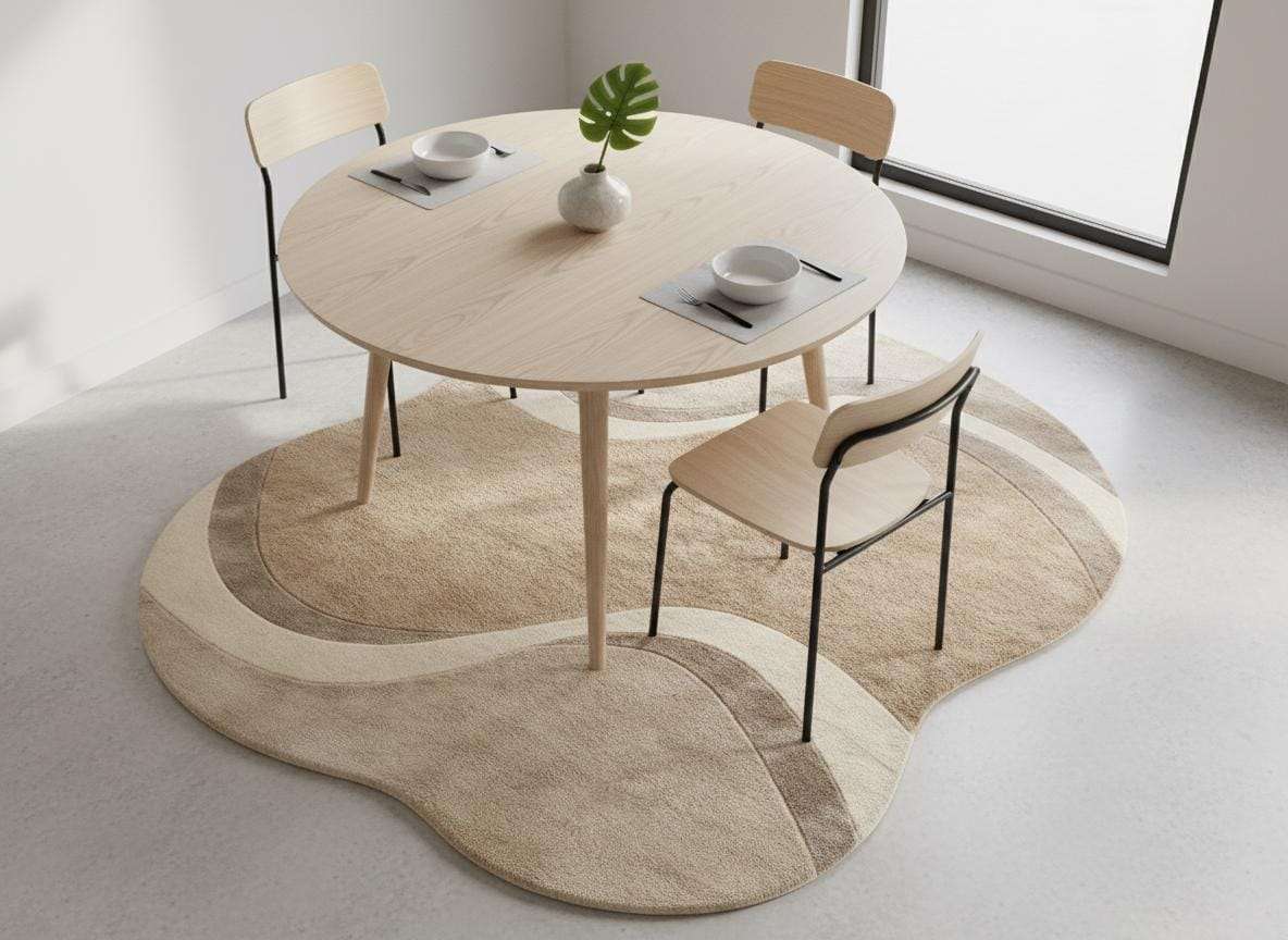 Modern curved rug living room with wavy abstract pattern in neutral beige tones and organic shape