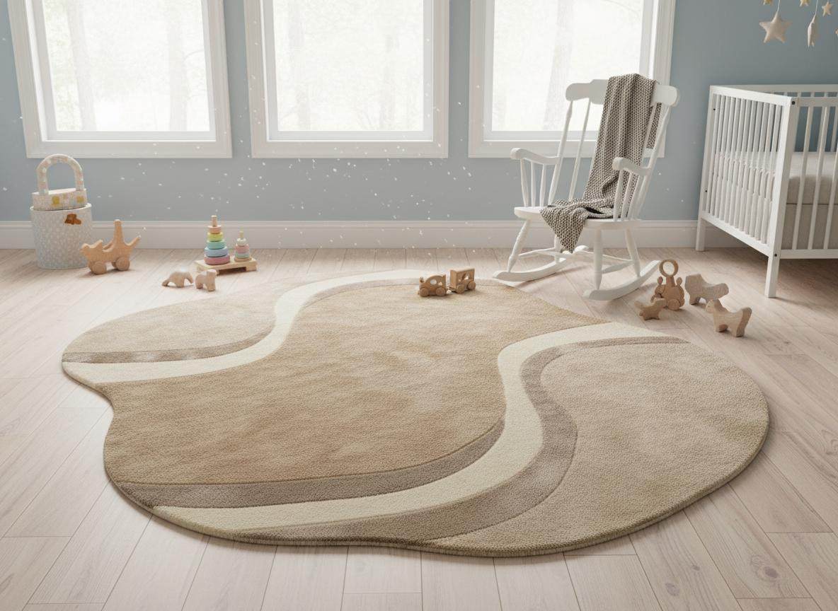 Modern curved rug living room with wavy pattern and neutral beige tones in minimalist decor