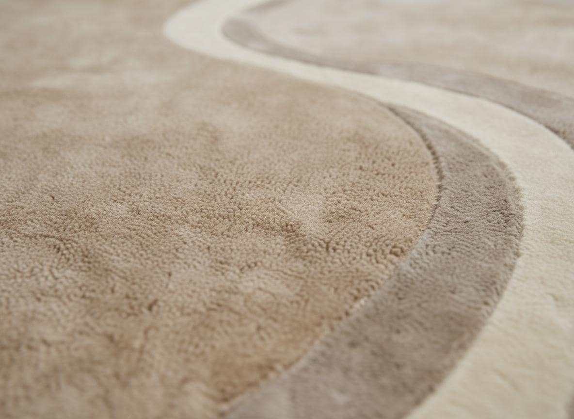 Modern curved rug living room with beige wavy pattern and organic shape, hand-tufted for soft comfort and neutral Japandi style decor.