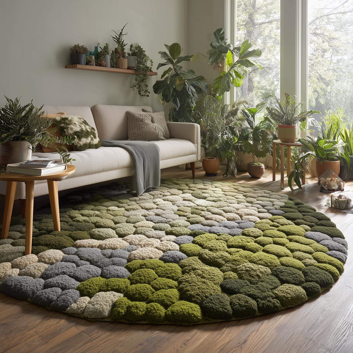 3D moss stone rug with green and grey textured circular design resembling moss and river stones