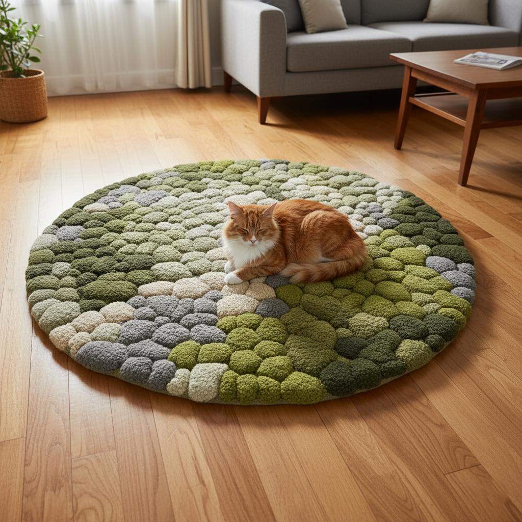 3D moss stone rug with green and grey textured circular design resembling moss and river stones