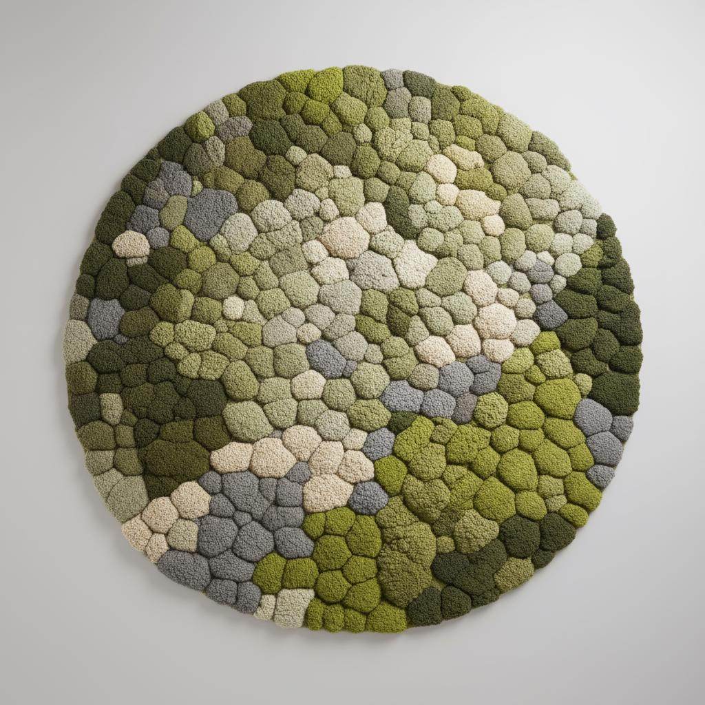 3D moss stone rug with green and grey textured circular design mimicking moss and river stones