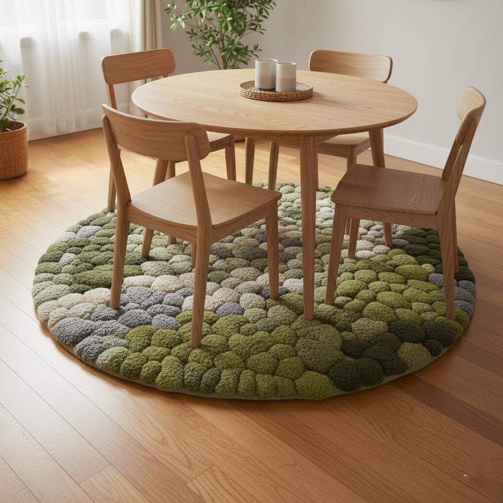 3D moss stone rug with green and grey textured circular design mimicking moss and river stones