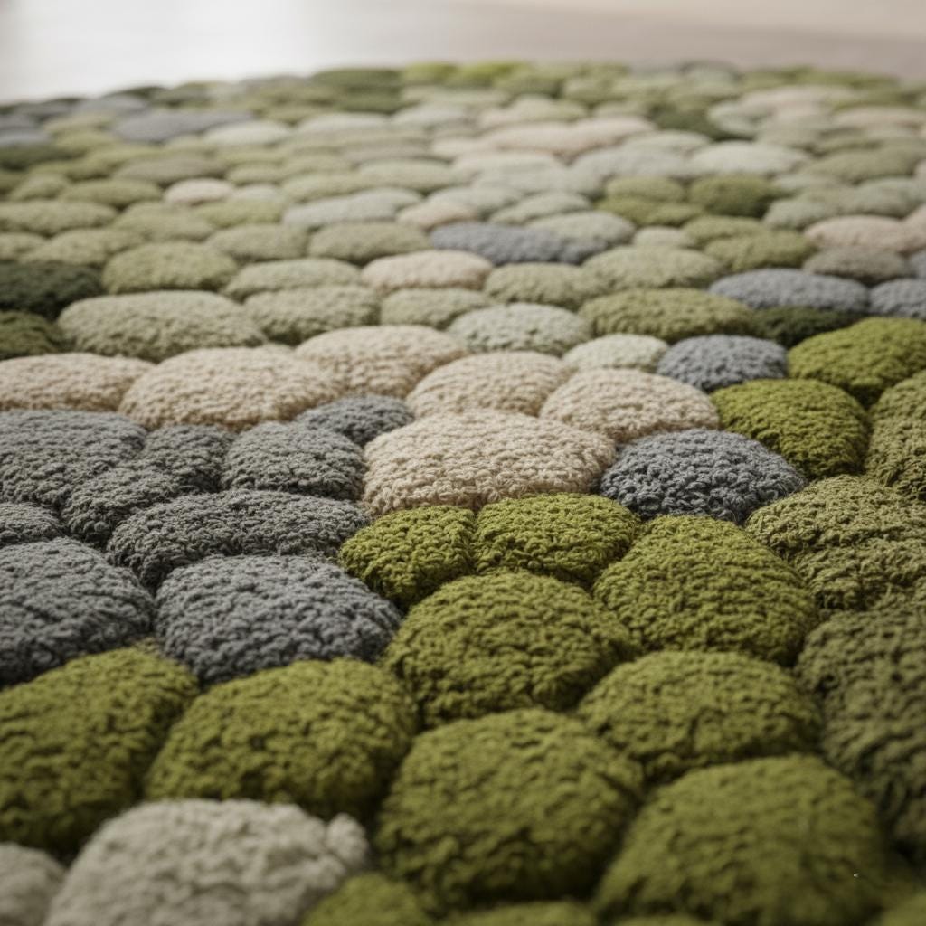 3D moss stone rug with green and grey textured circular design for living room and meditation spaces