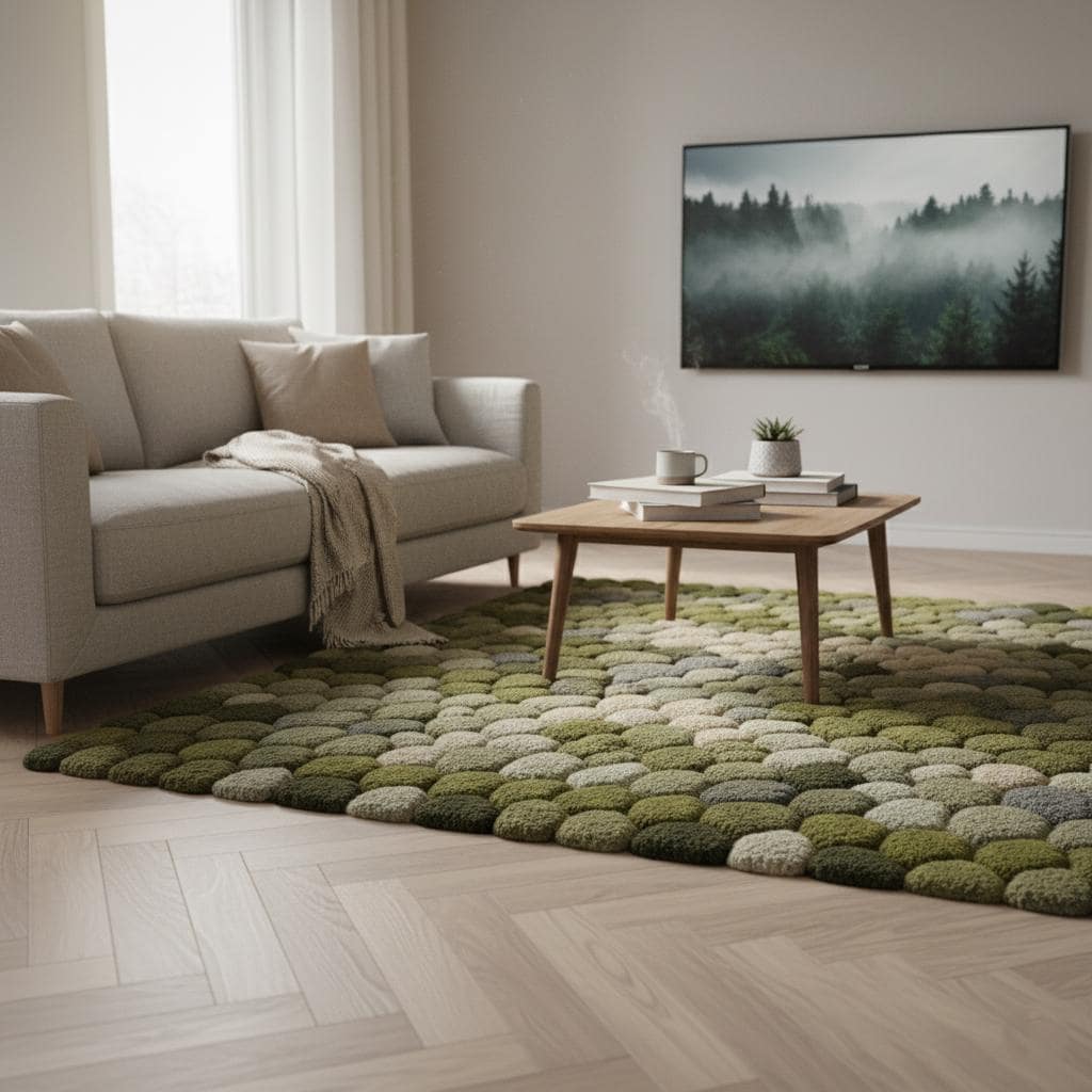 3D moss stone rug with green moss and grey stone textures in circular design