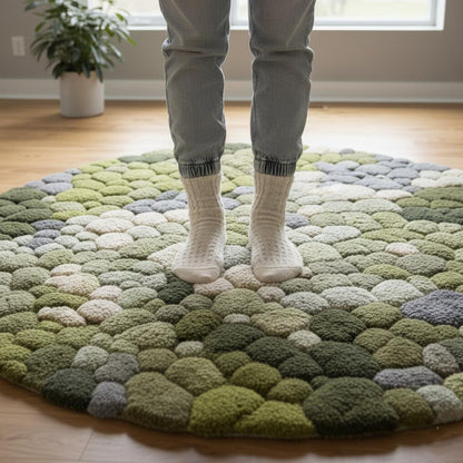 3D moss stone rug in green and grey with textured circular design inspired by nature