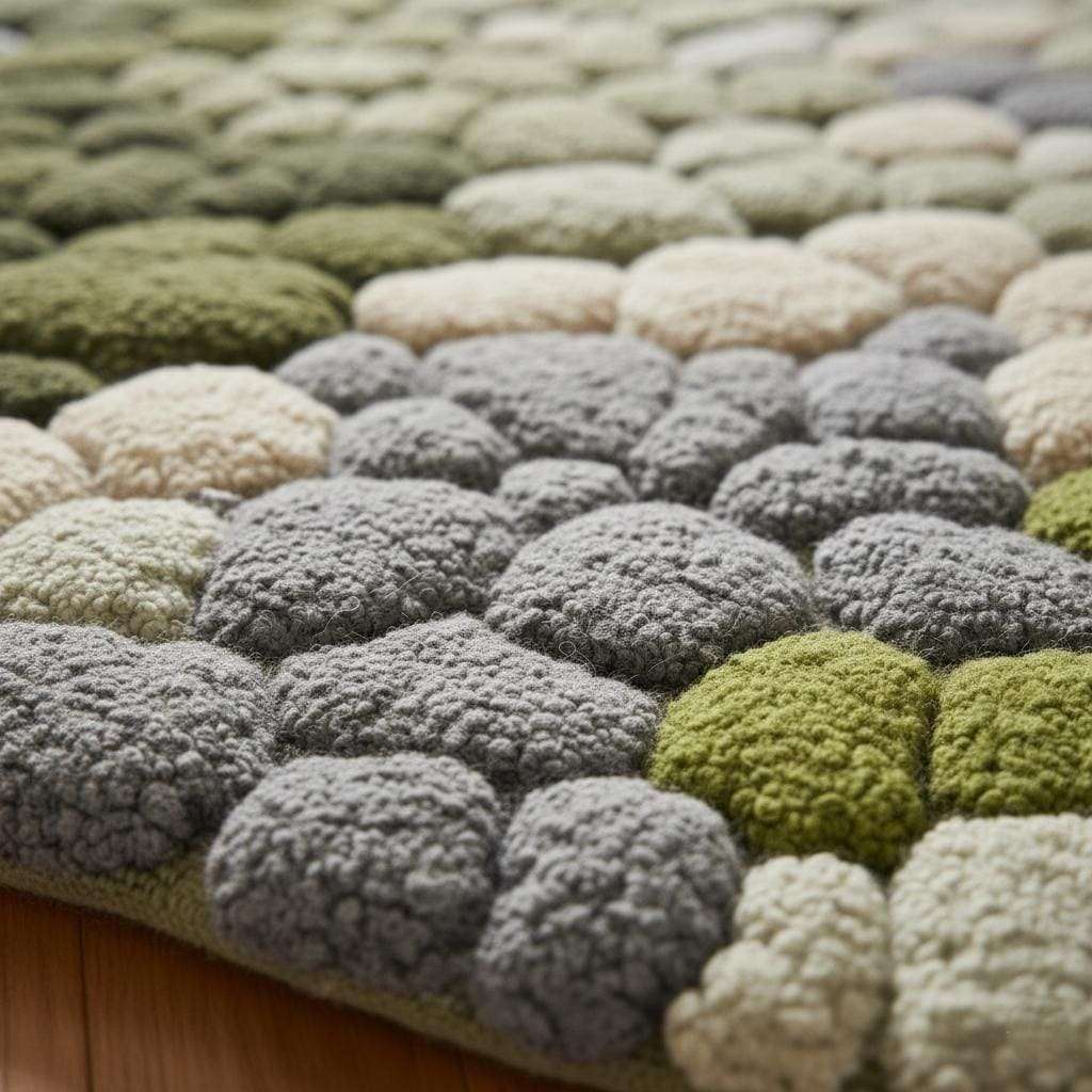 3D moss stone rug in green and grey with textured circular design mimicking moss and river stones