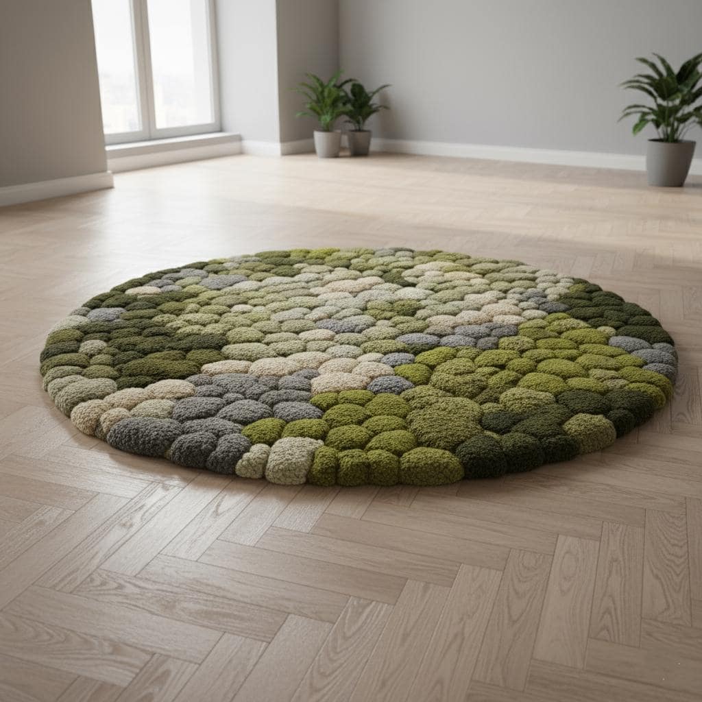 3D moss stone rug with green moss and grey stone textures in a round shape for home decor