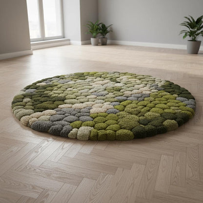 3D moss stone rug with green moss and grey stone textures in a round shape for home decor