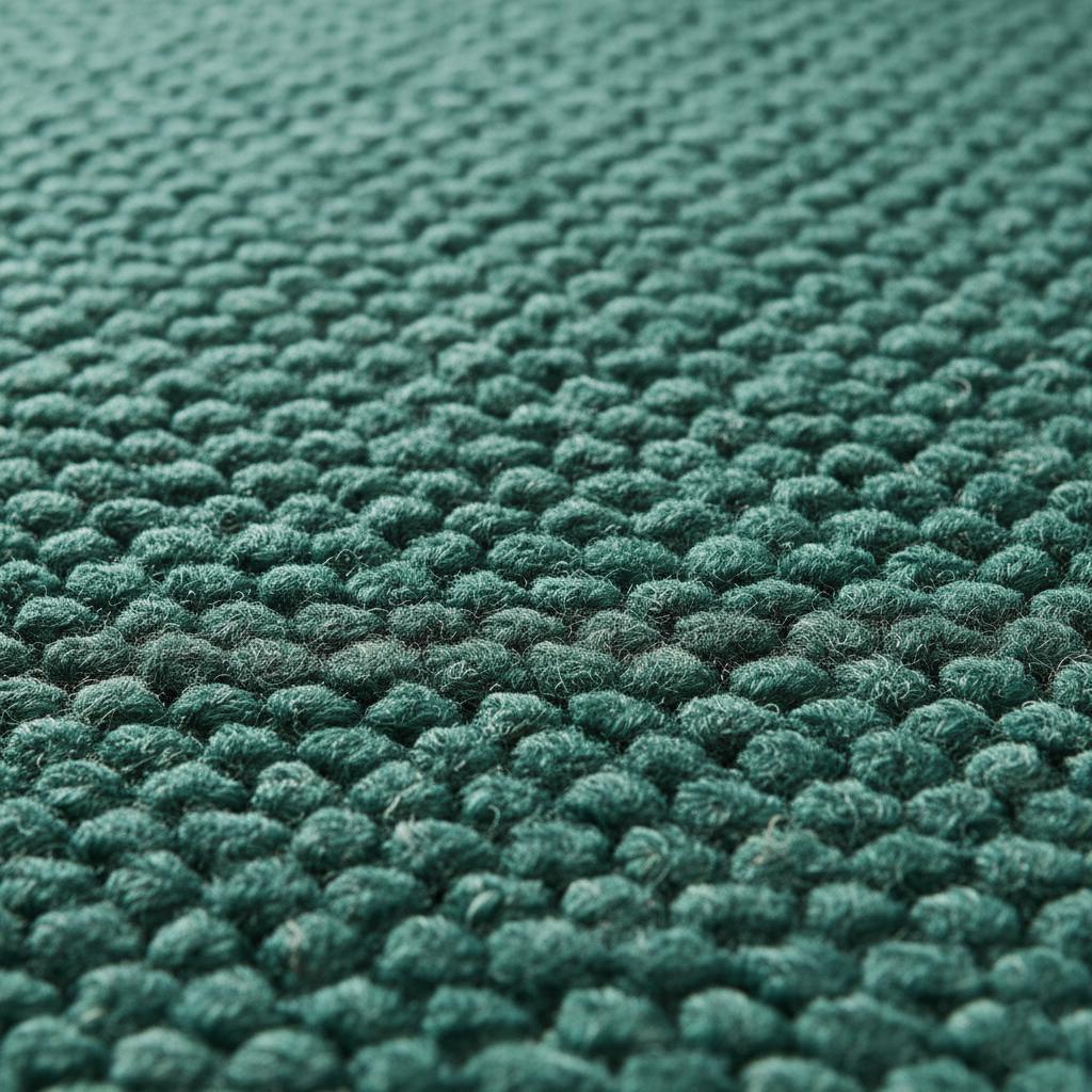 Close-up view of thick green wool rug with pebble-weave texture, cozy handcrafted carpet for living room or bedroom.
