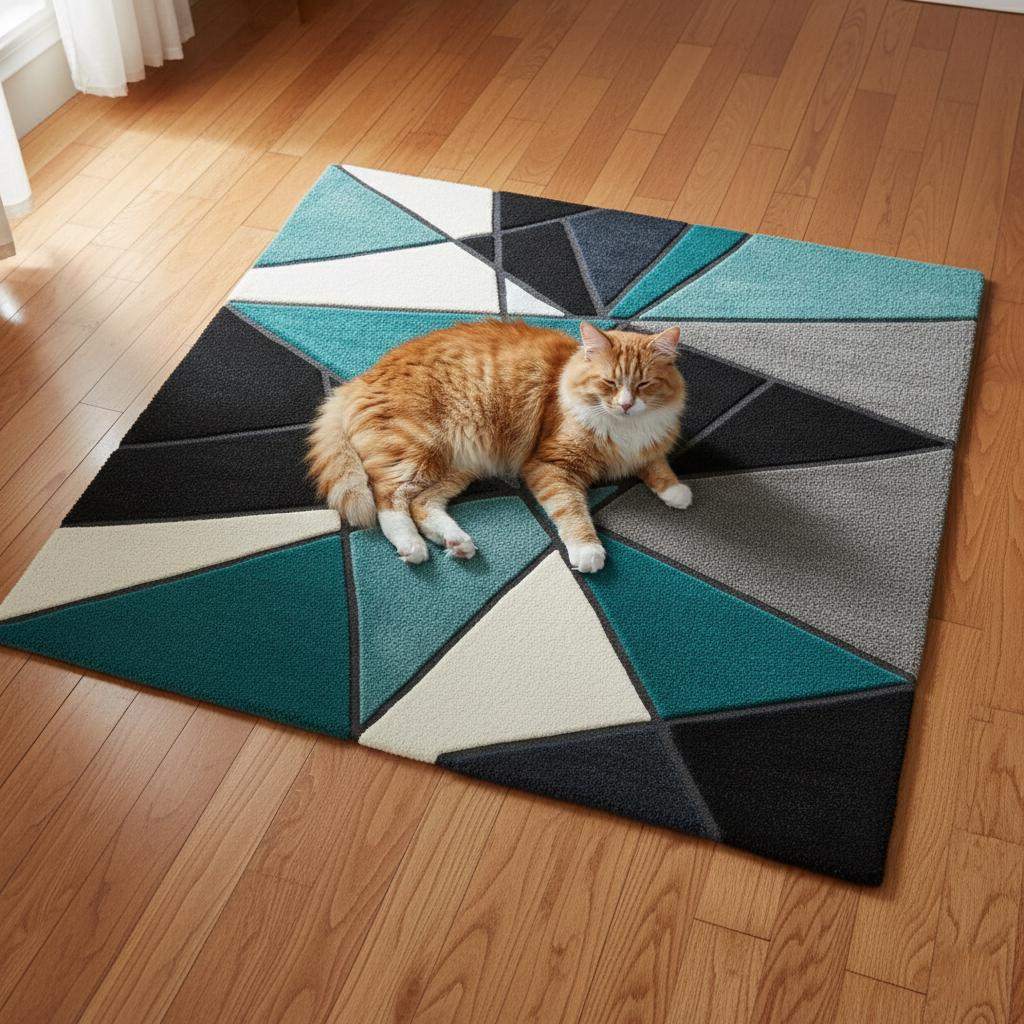 Deep teal area rug with hand tufted plush geometric abstract design in blue and ochre, durable poly-blend carpet for living room or bedroom
