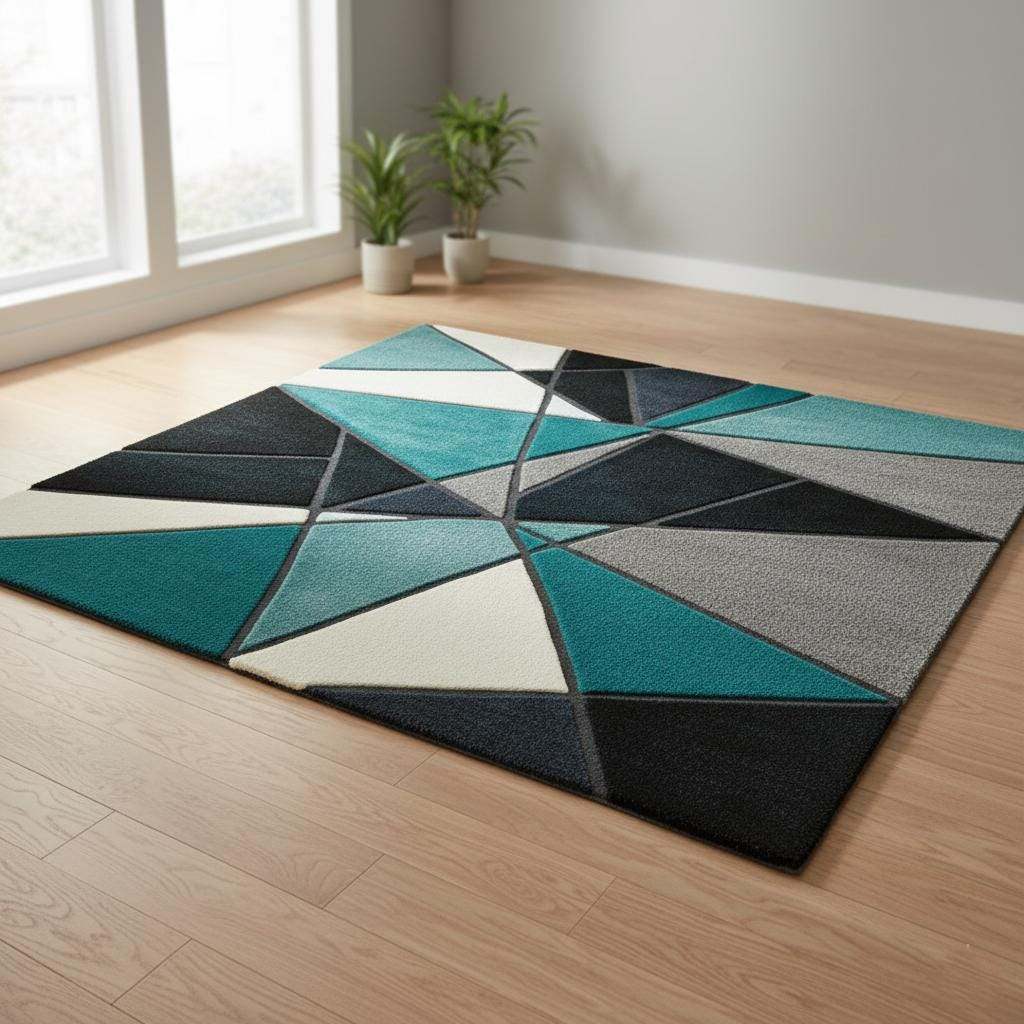 Deep teal area rug with hand tufted plush geometric abstract pattern, durable poly-blend fiber, and stain resistant modern carpet.