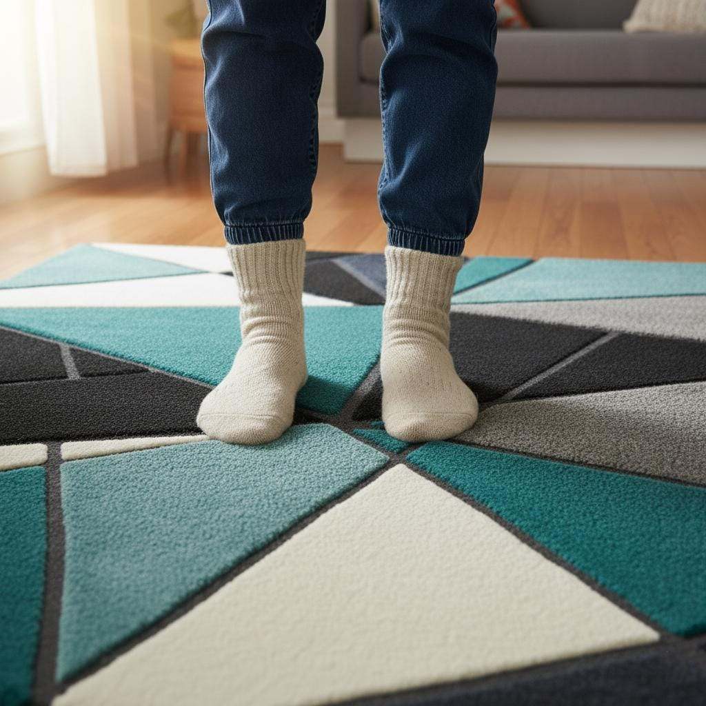 Deep teal area rug with hand tufted plush geometric design and durable poly-blend material