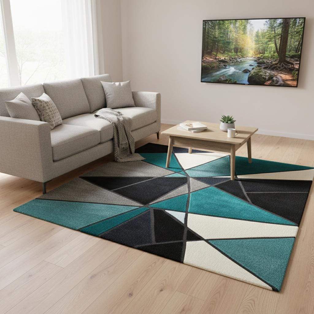 Hand tufted deep teal area rug with modern abstract geometric design and plush poly-blend fibers