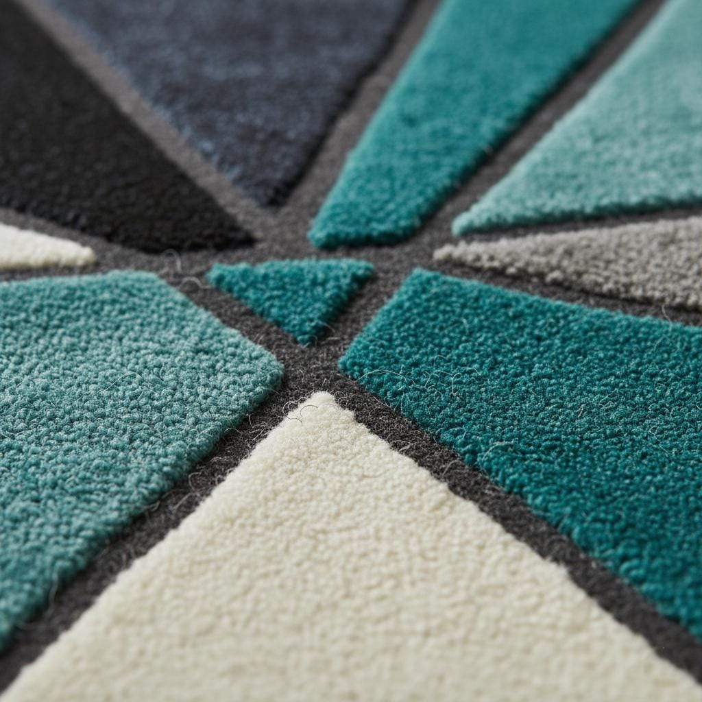 Hand tufted deep teal area rug with geometric abstract design, plush poly-blend material, stain resistant and durable for modern living rooms and bedrooms.