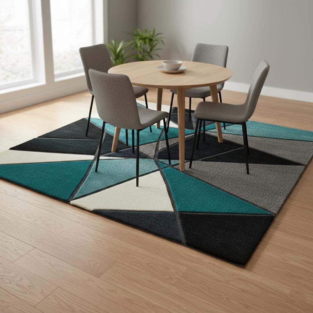 Deep teal area rug with geometric abstract design, hand tufted plush texture, and durable stain-resistant poly-blend fibers for modern home decor.