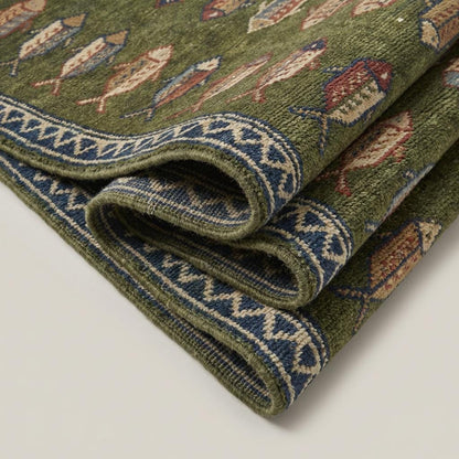 Fish Pattern Kitchen Runner Hand Knotted Wool Tribal Rug for Narrow Spaces