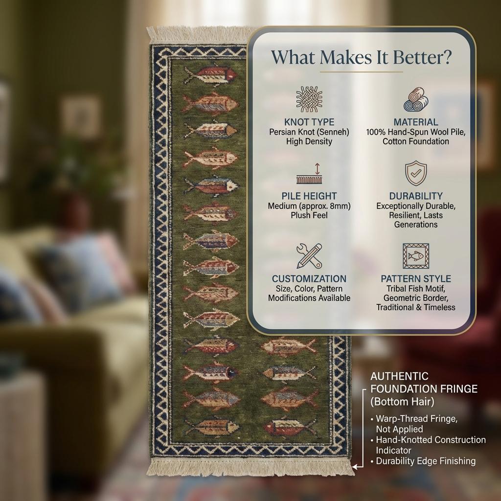 Fish Pattern Kitchen Runner Hand Knotted Wool Tribal Rug for Narrow Spaces