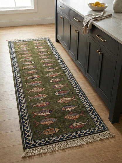 Hand knotted wool fish pattern runner rug in kitchen with olive green field and tribal border