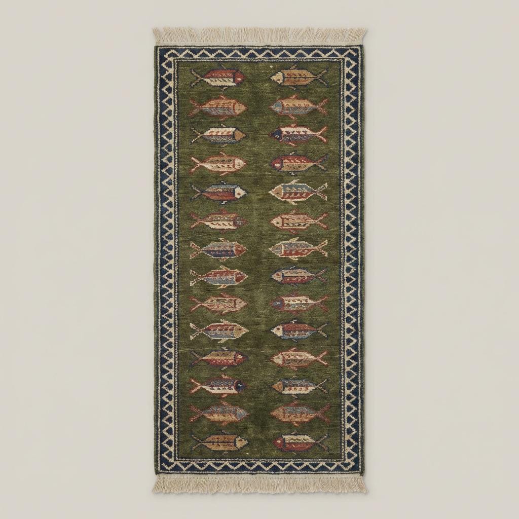 Fish Pattern Kitchen Runner Hand Knotted Wool Tribal Rug for Narrow Spaces
