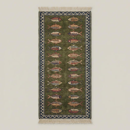 Fish Pattern Kitchen Runner Hand Knotted Wool Tribal Rug for Narrow Spaces