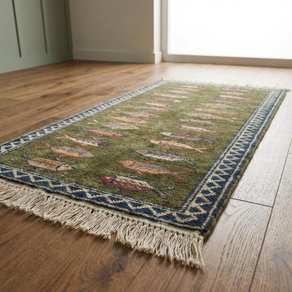 Fish Pattern Kitchen Runner Hand Knotted Wool Tribal Rug for Narrow Spaces