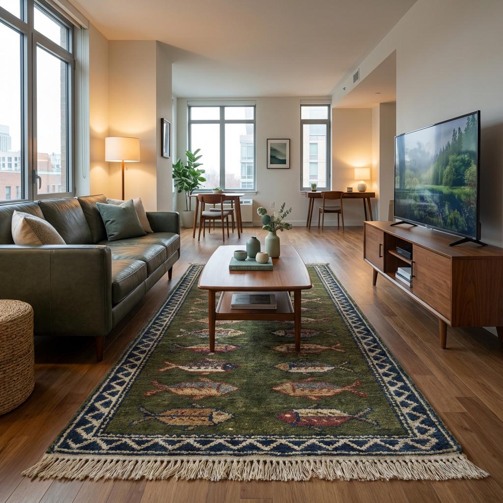 Fish Pattern Kitchen Runner Hand Knotted Wool Tribal Rug for Narrow Spaces