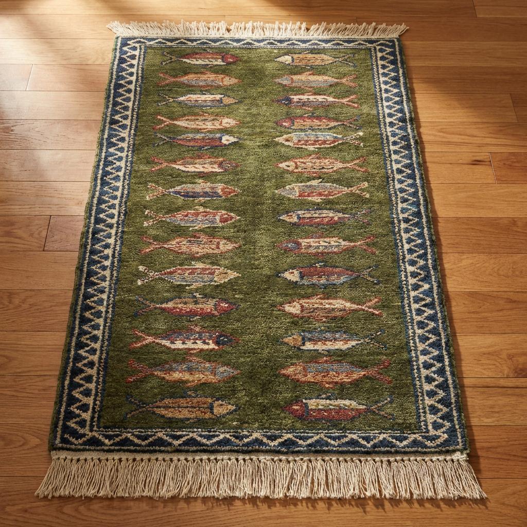 Fish Pattern Kitchen Runner Hand Knotted Wool Tribal Rug for Narrow Spaces