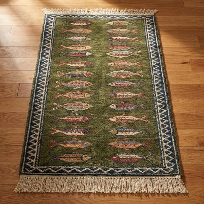 Fish Pattern Kitchen Runner Hand Knotted Wool Tribal Rug for Narrow Spaces